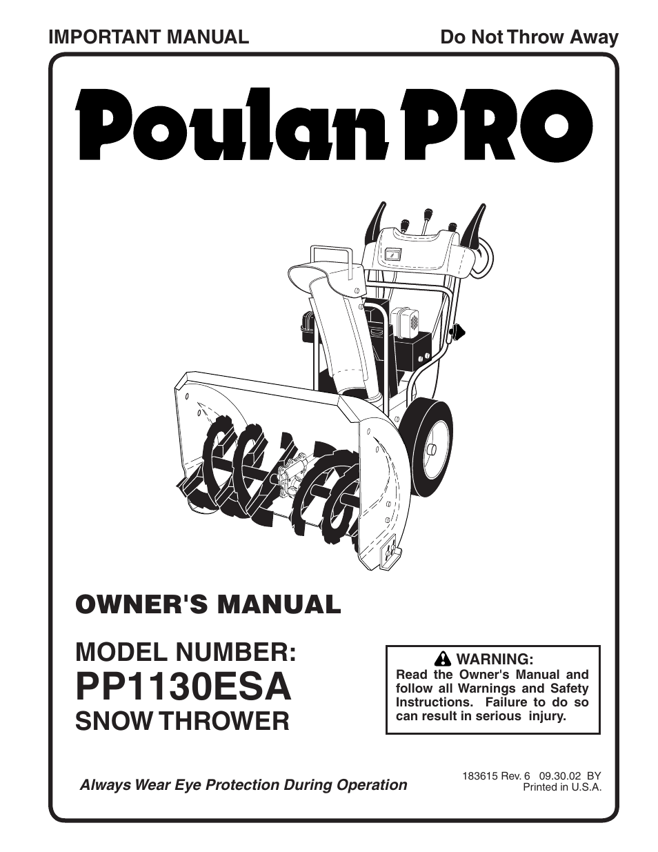 Poulan Pro PP1130ESA SNOW THROWER User Manual | 32 pages