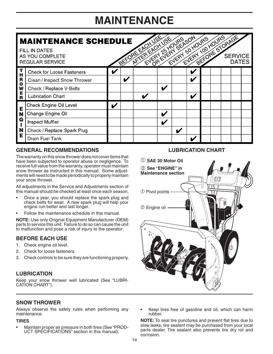 Maintenance | Poulan Pro PP1130ESA SNOW THROWER User Manual | Page 14 / 32