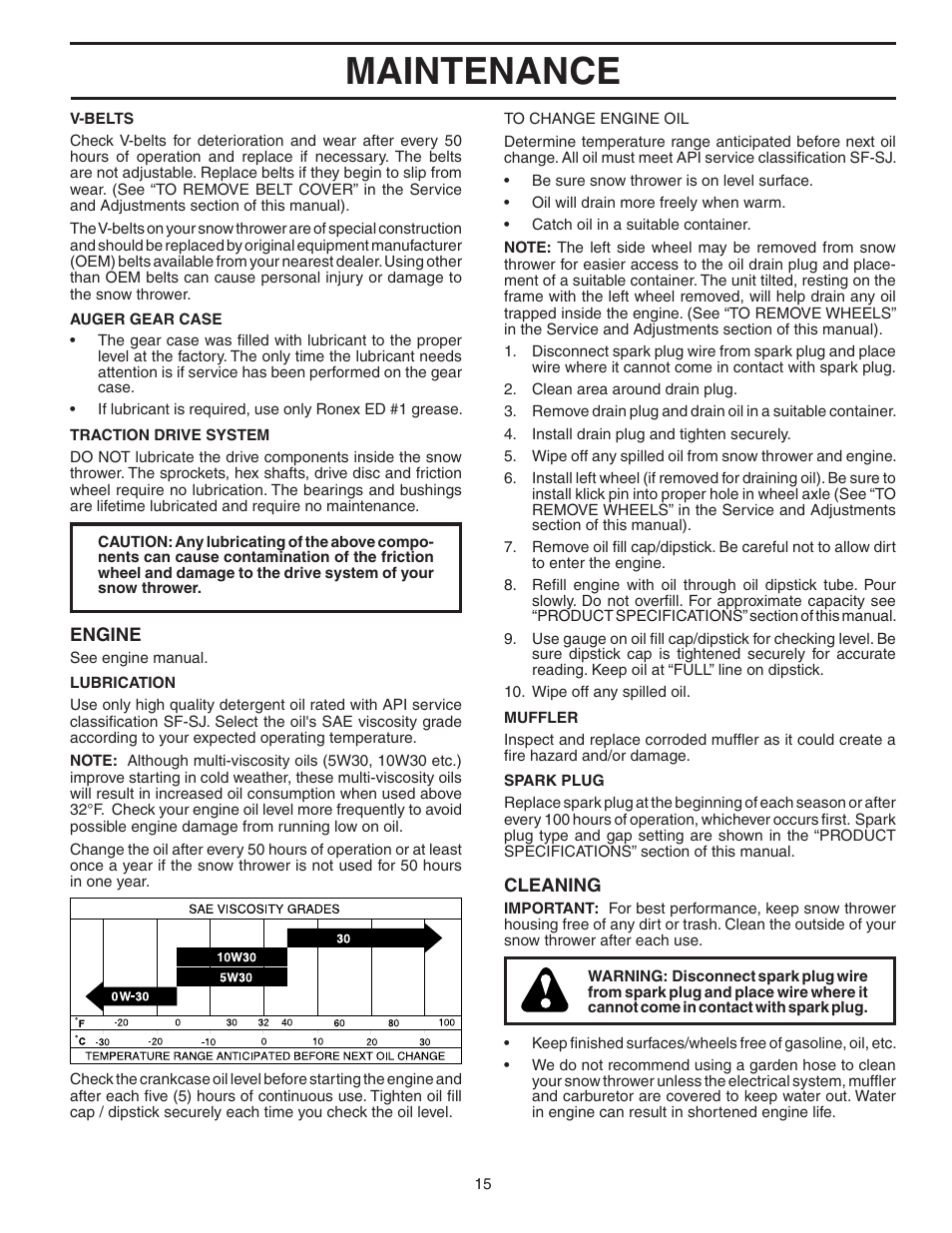 Maintenance | Poulan Pro PP1130ESA SNOW THROWER User Manual | Page 15 / 32