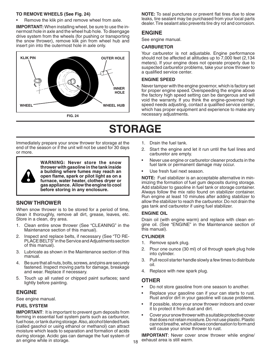 Storage | Poulan Pro PP1130ESA SNOW THROWER User Manual | Page 18 / 32