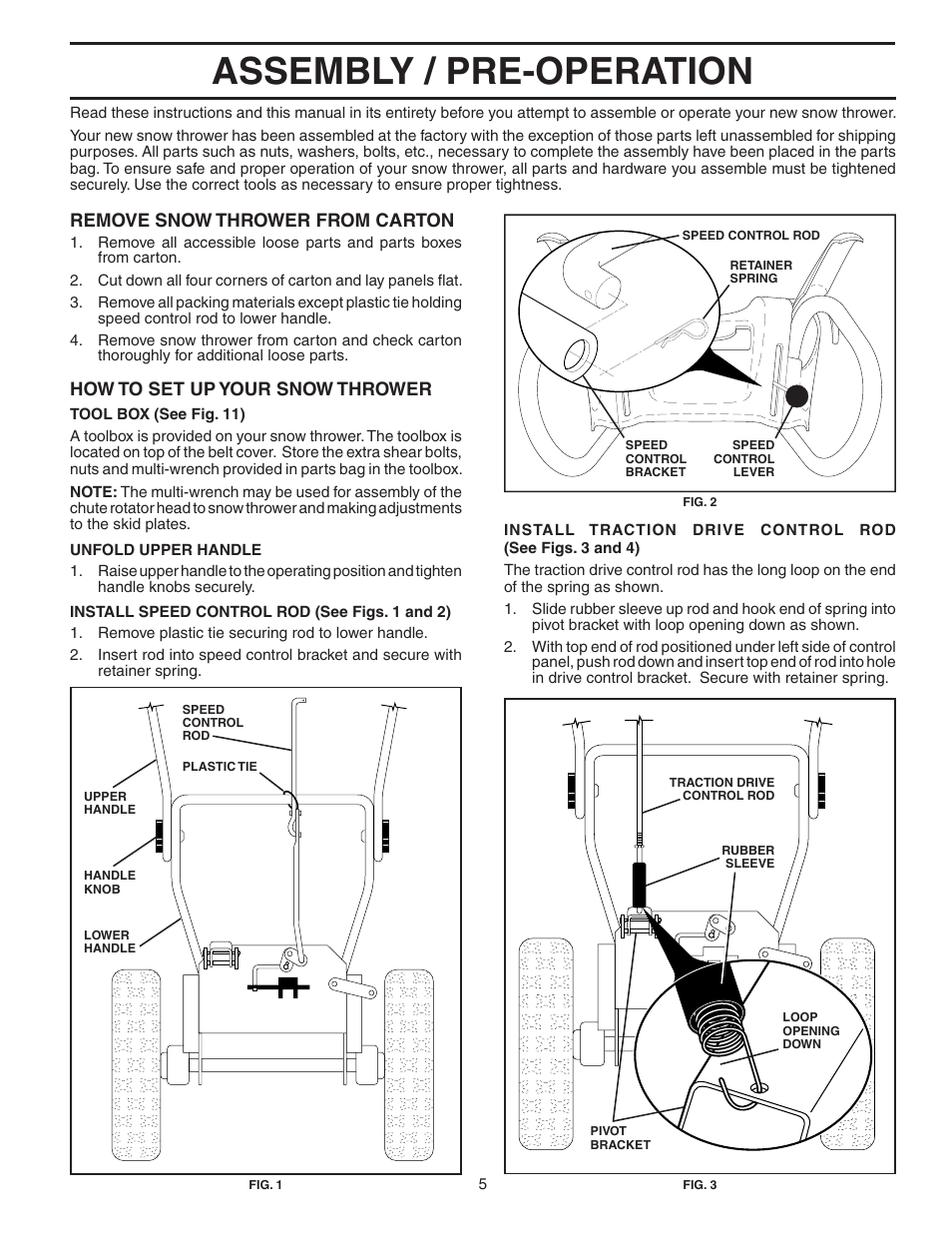 Assembly / pre-operation, Remove snow thrower from car ton, How to set up your snow thrower | Poulan Pro PP1130ESA SNOW THROWER User Manual | Page 5 / 32