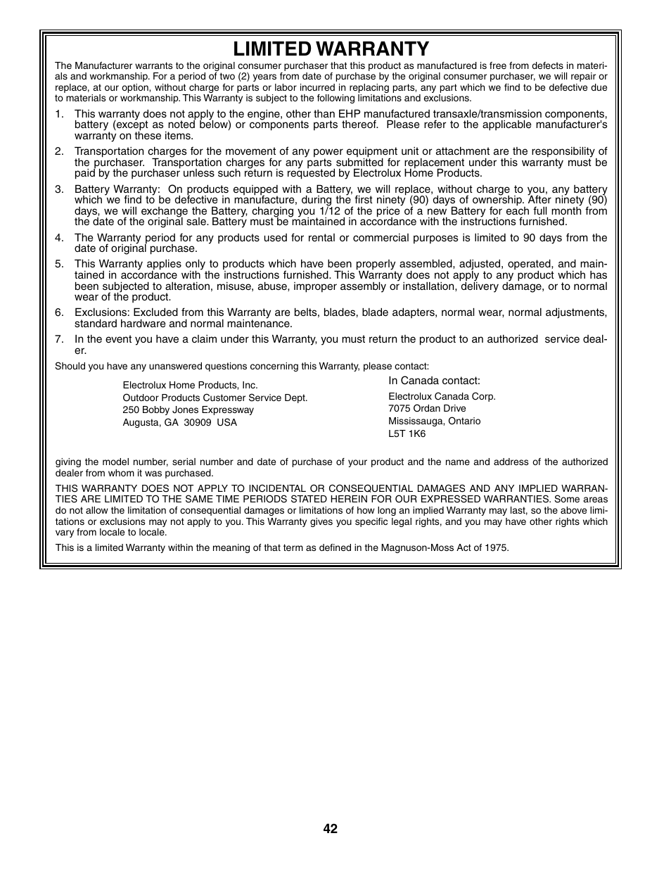 Limited warranty | Poulan 191984 User Manual | Page 27 / 29