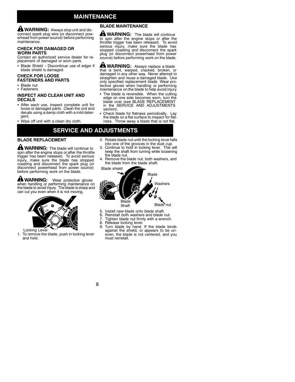 Maintenance, Service and adjustments | Poulan Pro PP1000E User Manual | Page 8 / 9