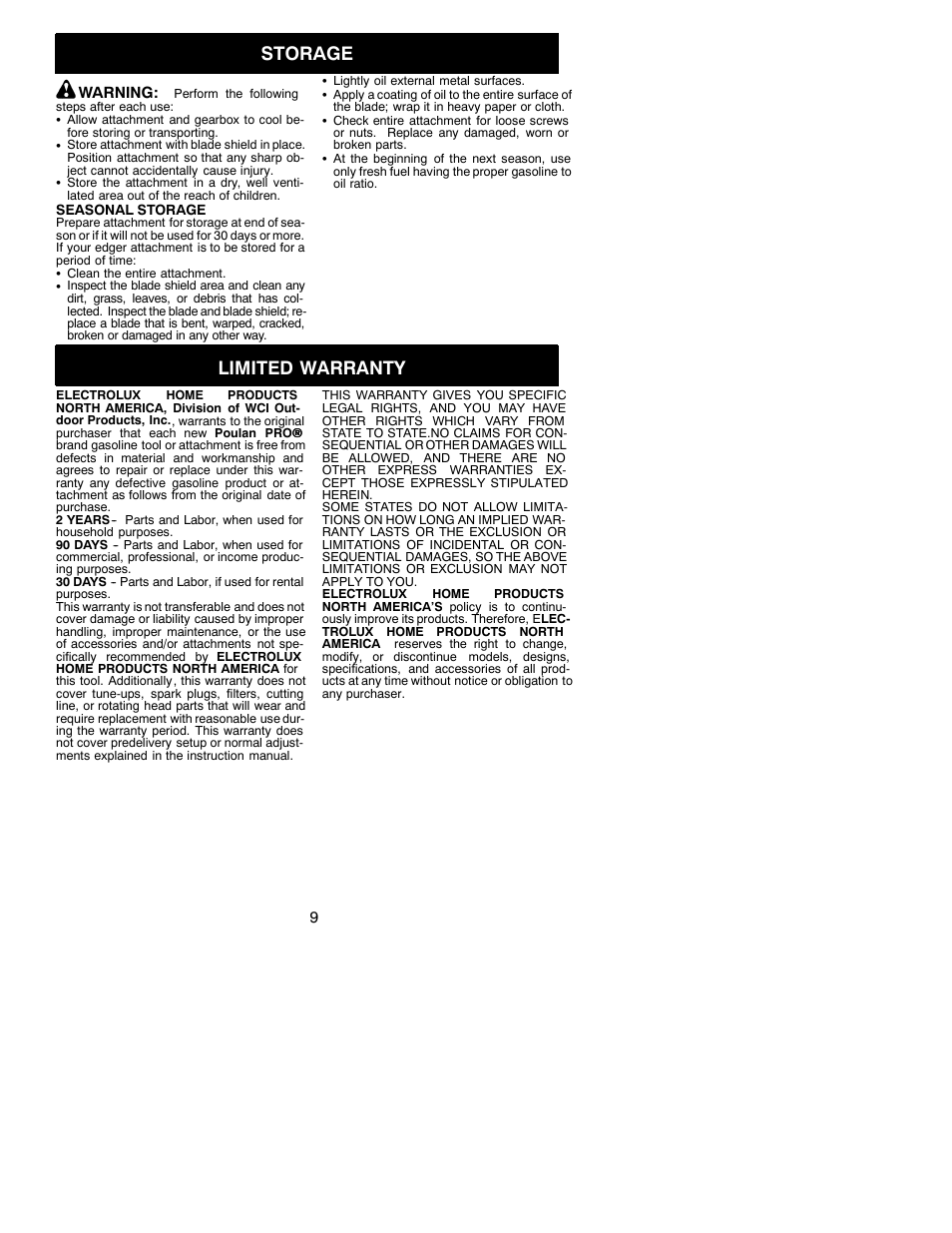Storage, Limited warranty | Poulan Pro PP1000E User Manual | Page 9 / 9