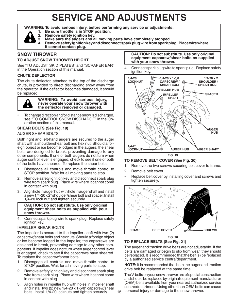 Service and adjustments, Snow thrower | Poulan 424549 User Manual | Page 15 / 40