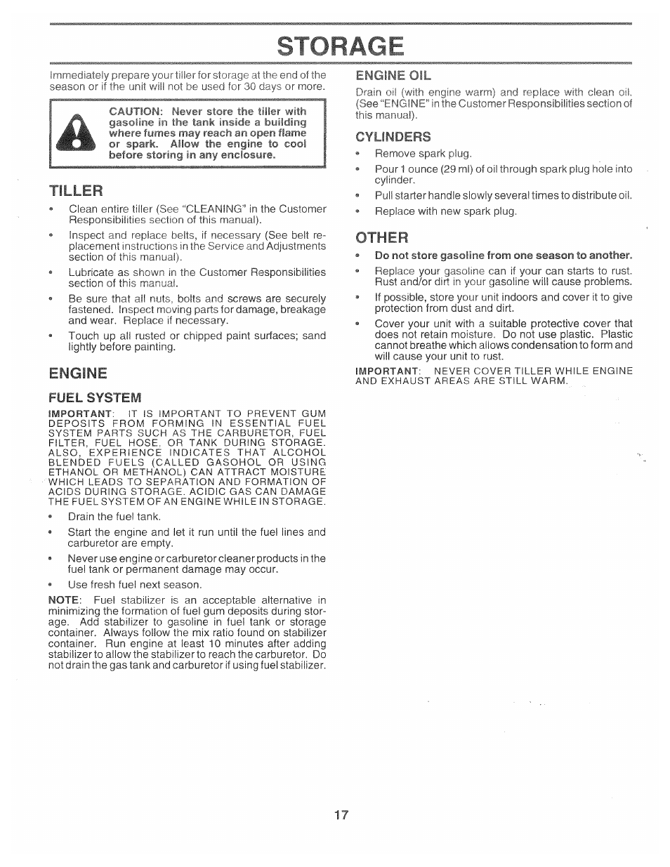 Tiller, Engine, Fuel system | Cylinders, Other, Storage | Poulan 163659 User Manual | Page 15 / 22