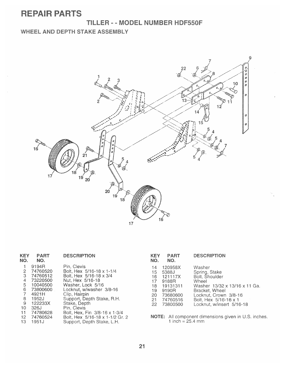 Tiller - - model number hdf550f, Repair parts, 5 . -f | Assembly | Poulan 163659 User Manual | Page 19 / 22