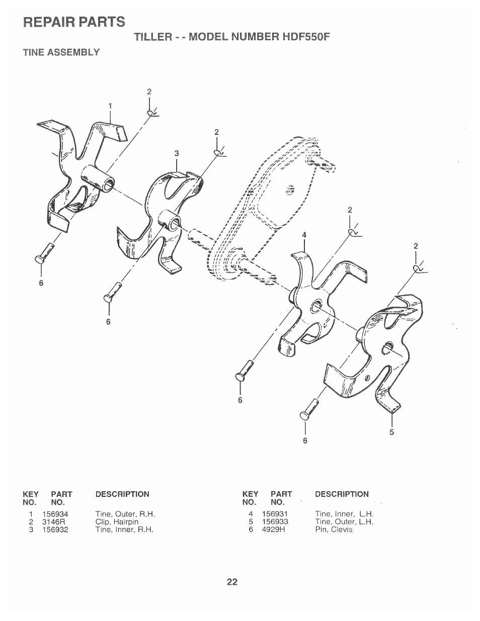 Tine assembly, Repair parts, Tiller - - model number hdf550f | Poulan 163659 User Manual | Page 20 / 22