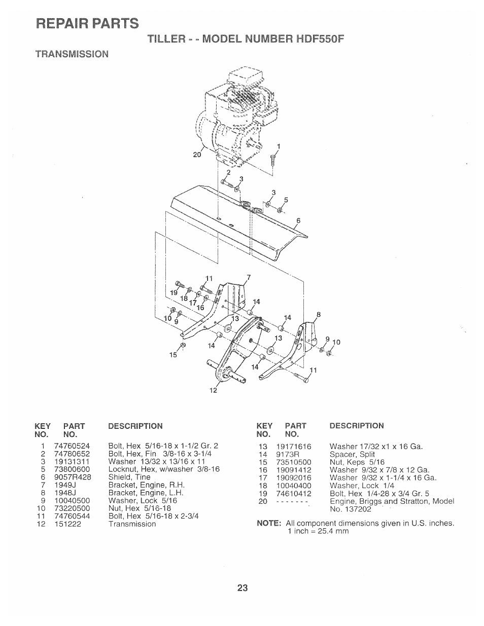 Transmission, Repair parts, Tiller - - model number hdf550f | Poulan 163659 User Manual | Page 21 / 22