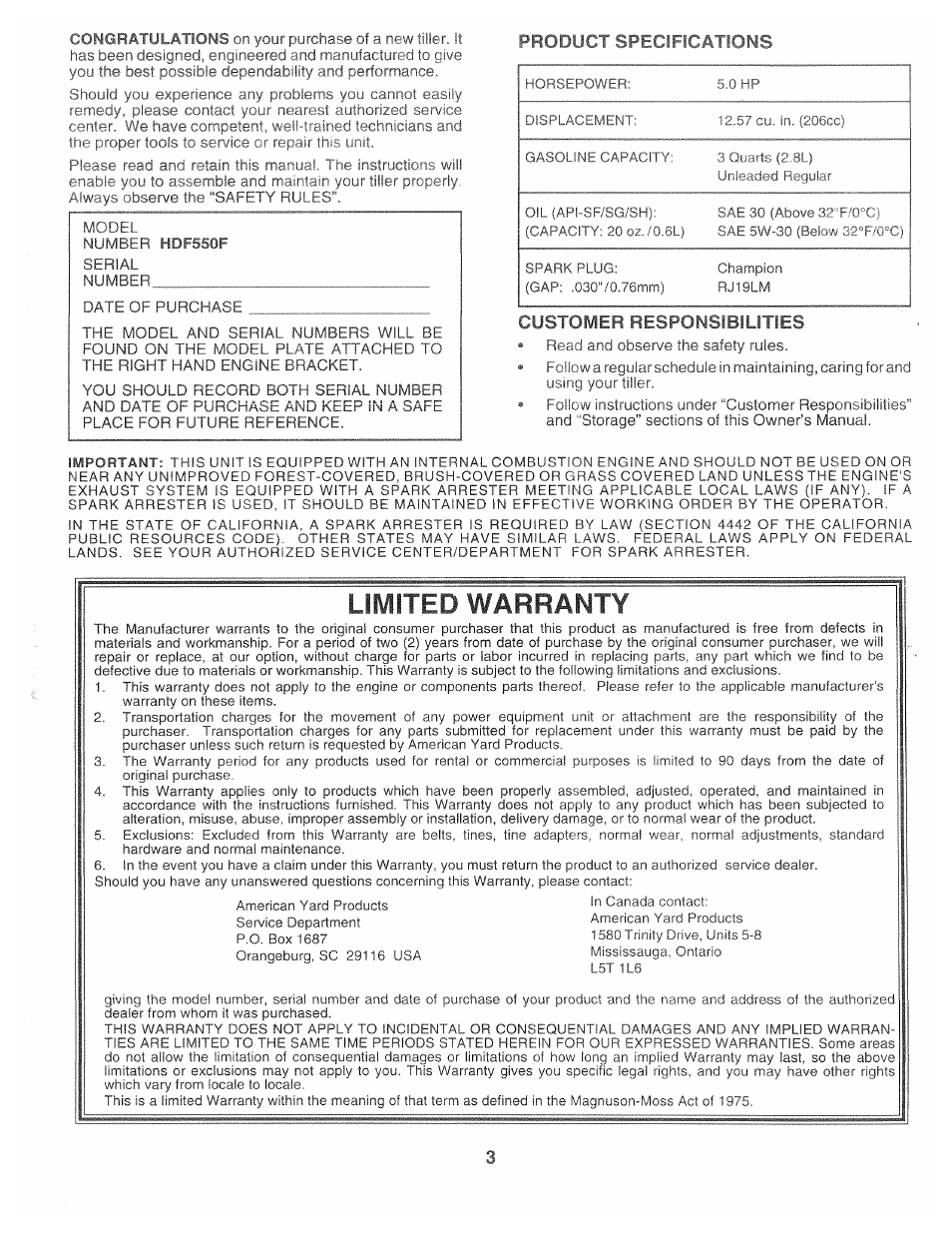 Product specifications, Customer responsibilities, Limited warranty | Poulan 163659 User Manual | Page 3 / 22