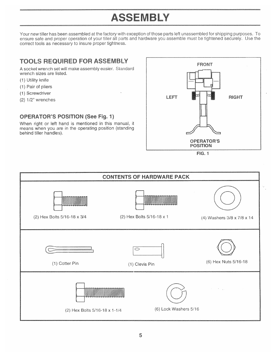 Assembly, Tools required for assembly, Operator’s position {see fig. 1) | Contents of hardware pack | Poulan 163659 User Manual | Page 5 / 22