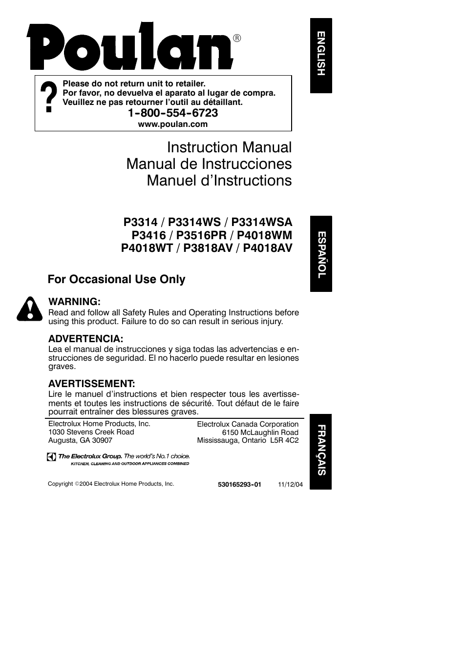 Poulan 530165293-01 User Manual | 19 pages