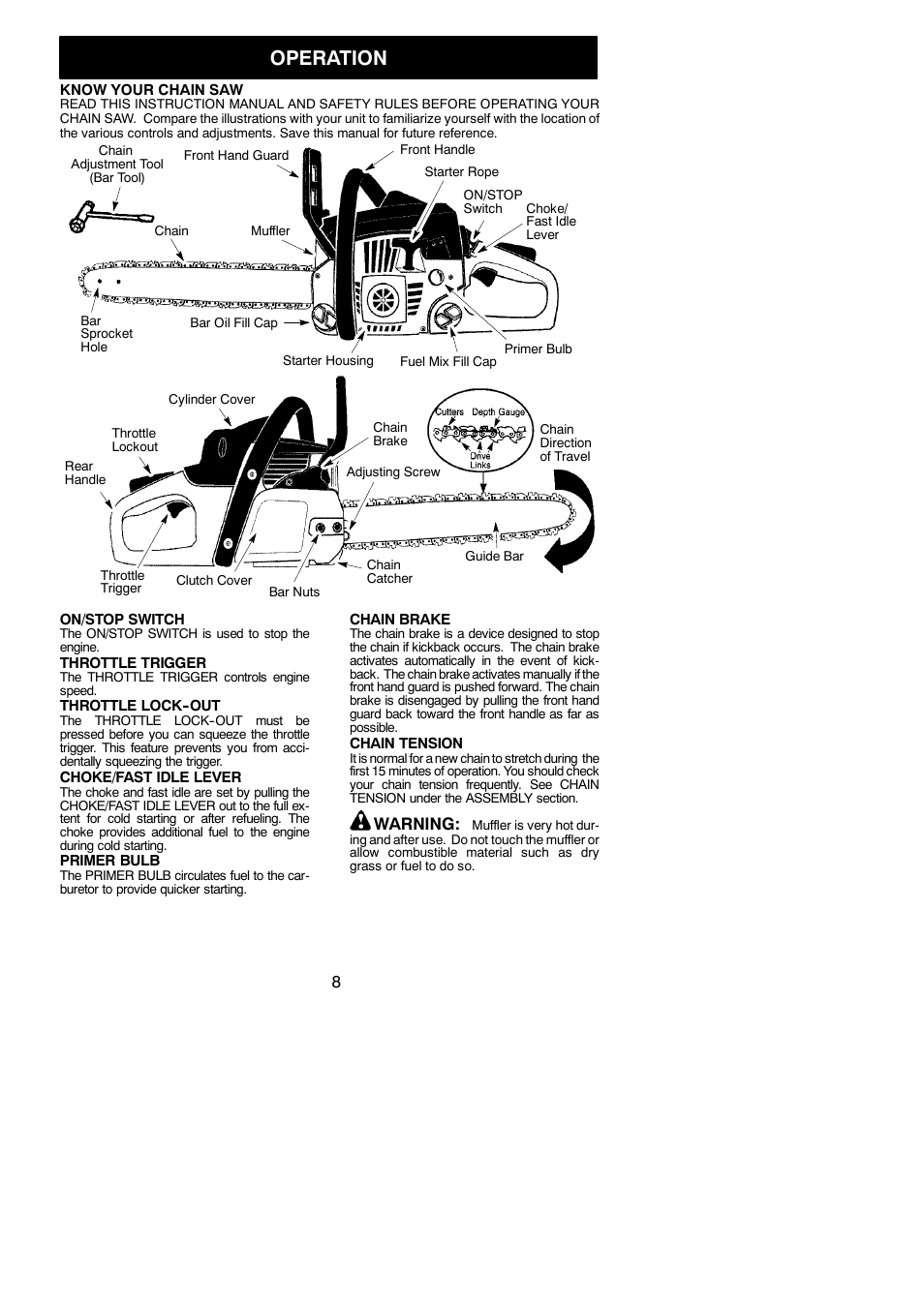 Operation, Warning | Poulan 530165293-01 User Manual | Page 8 / 19