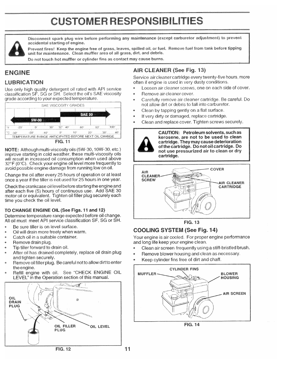 Engine, Lubrication, Air cleaner (see fig. 13) | Cooling system (see fig. 14), Customer responsibiuties | Poulan 174102 User Manual | Page 11 / 24