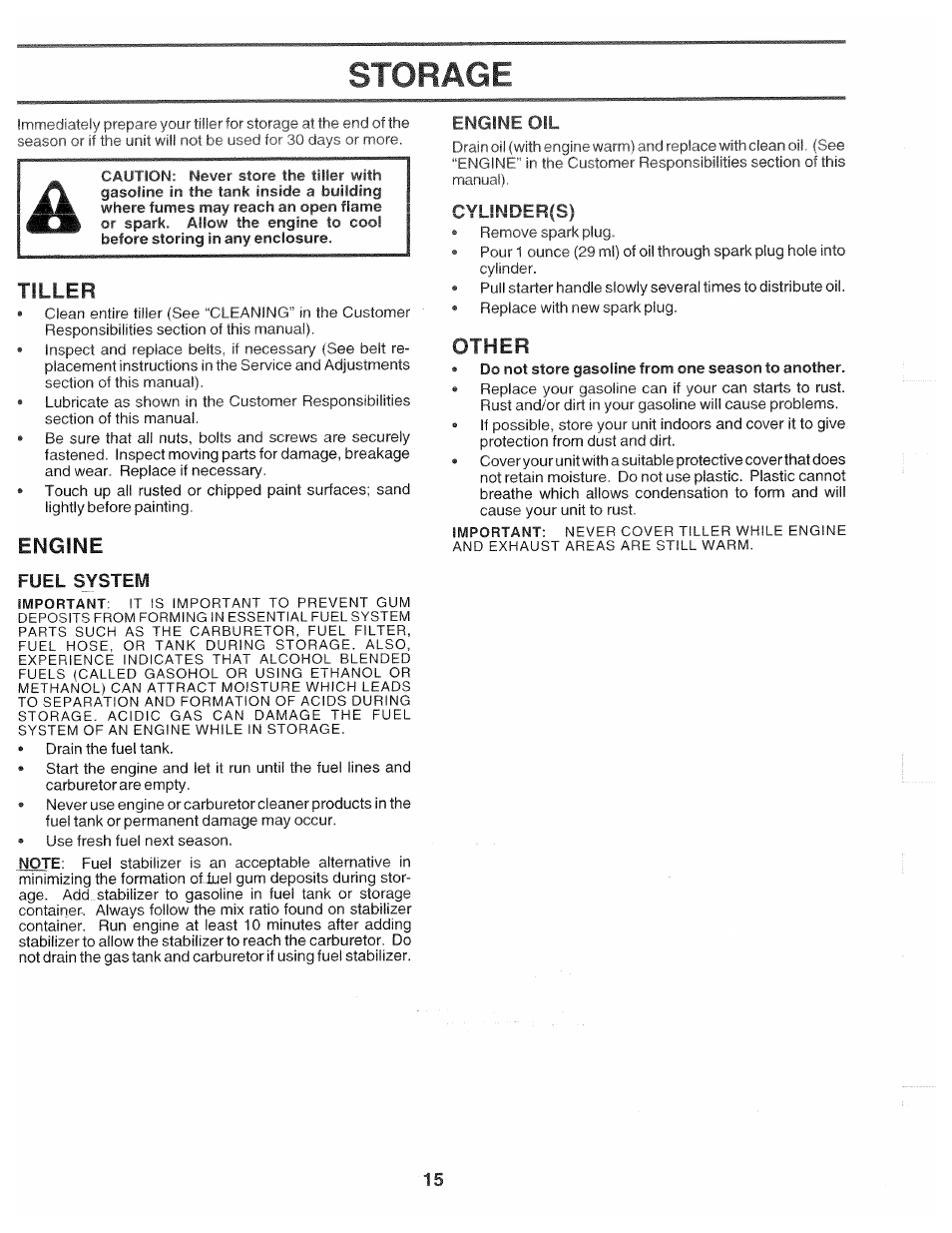 Storage, Tiller, Engine oil | Cylinder(s), Engine, Other, System | Poulan 174102 User Manual | Page 15 / 24