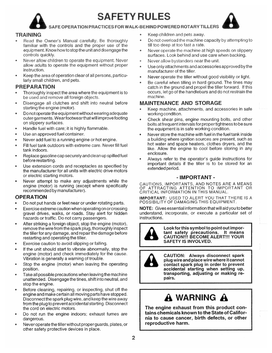 Safety rules, Training, Maintenance and storage | Important, Asafety rules, Warning | Poulan 174102 User Manual | Page 2 / 24