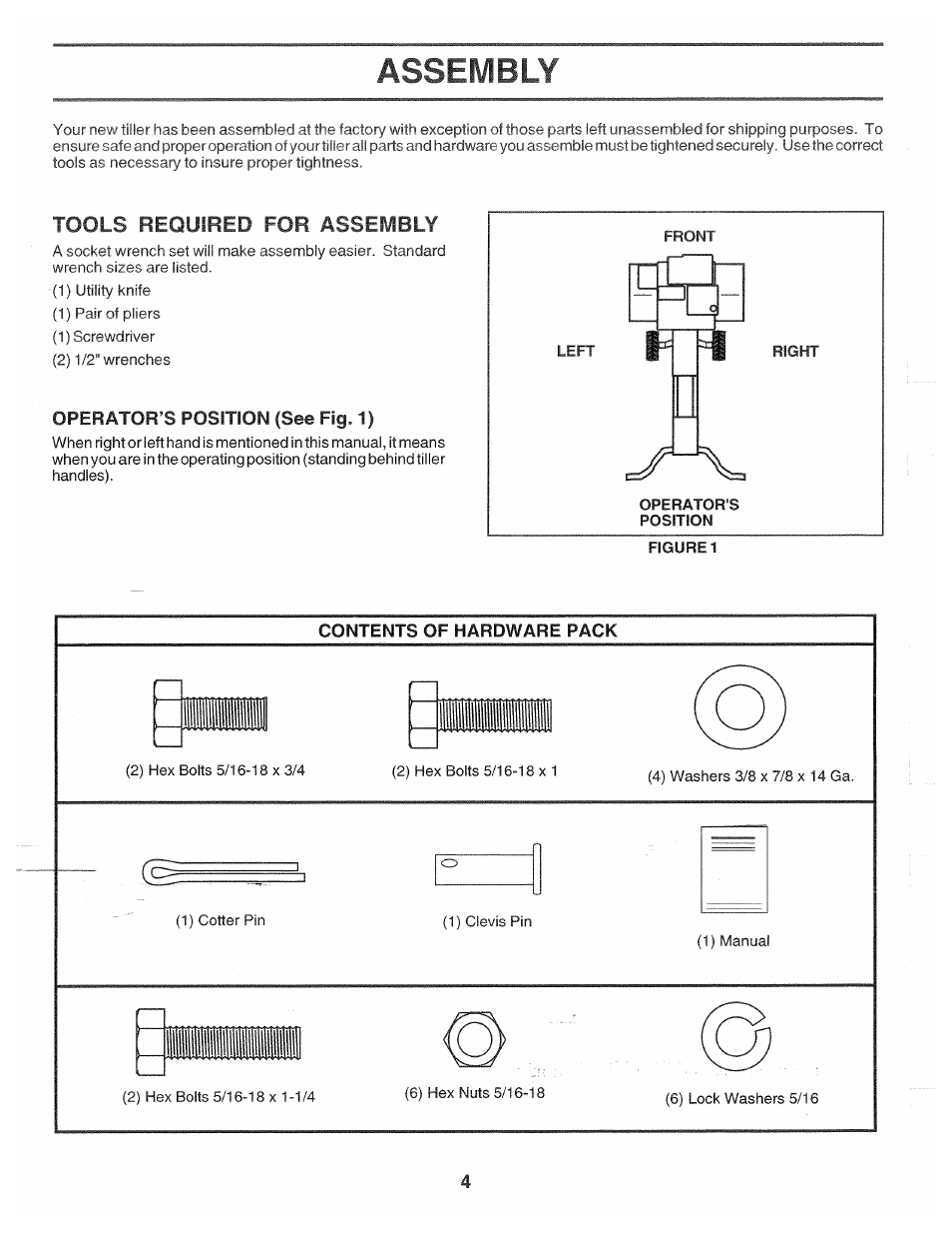 Assembly, Tools required for assembly, Operator’s position (see fig. 1) | Contents of hardware pack | Poulan 174102 User Manual | Page 4 / 24