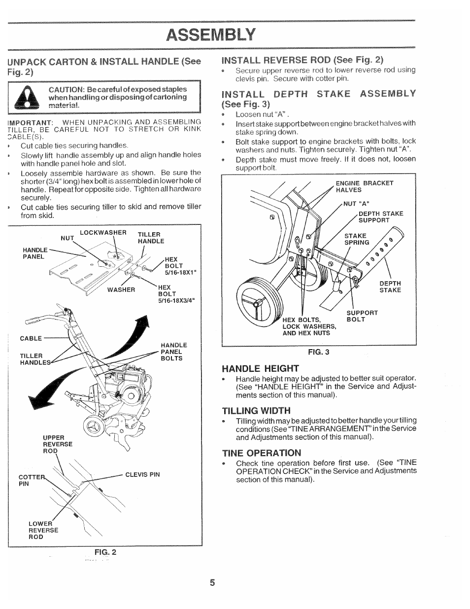 Assembly, Unpack carton & install handle (see fig. 2), Install reverse rod (see fig. 2) | Install depth stake asstwdly, See fig. 3), Handle height, Tilling width, Tine operation | Poulan 174102 User Manual | Page 5 / 24