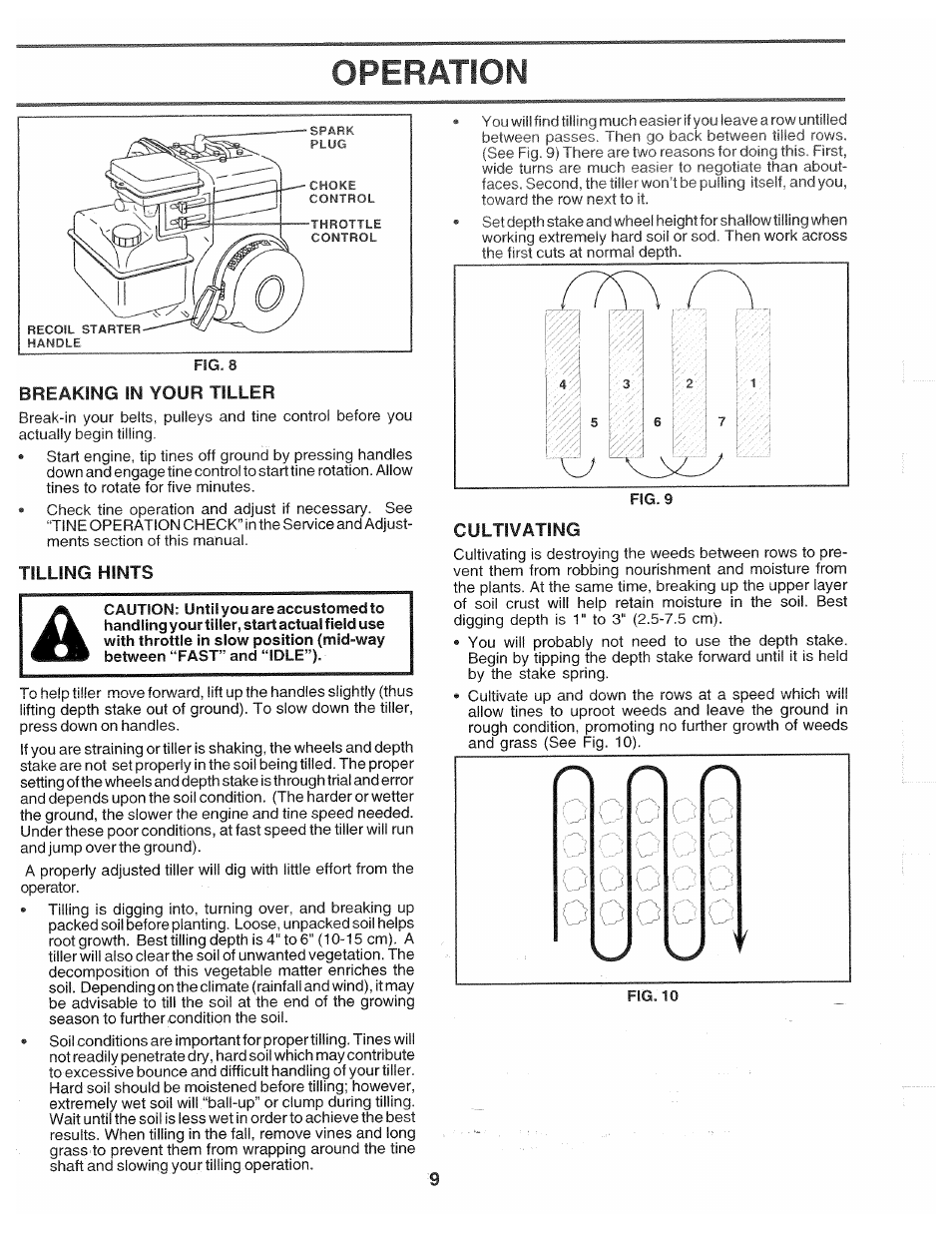 Breaking in your tiller, Cultivating, Operation | Tilling hints | Poulan 174102 User Manual | Page 9 / 24
