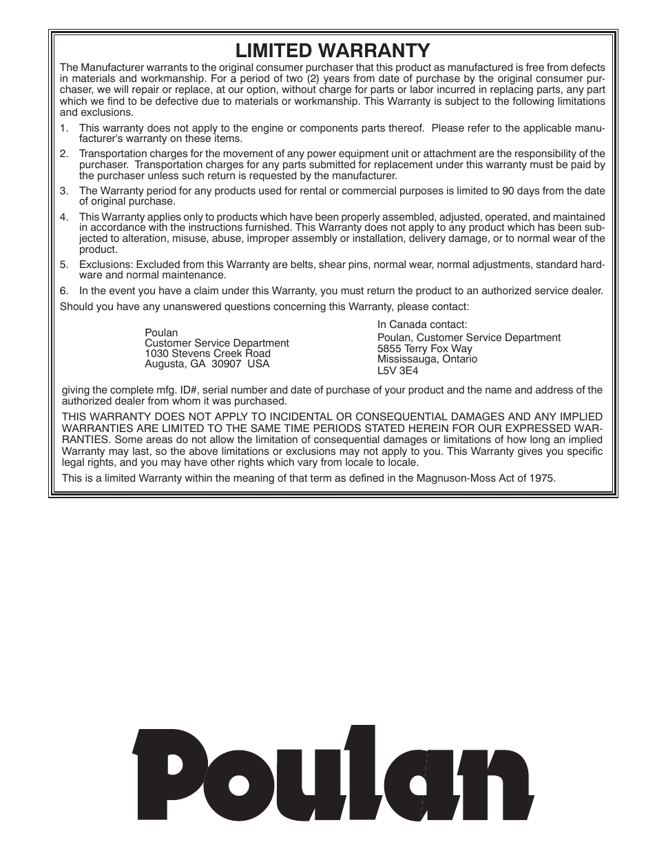 Limited warranty | Poulan 416833 User Manual | Page 32 / 32