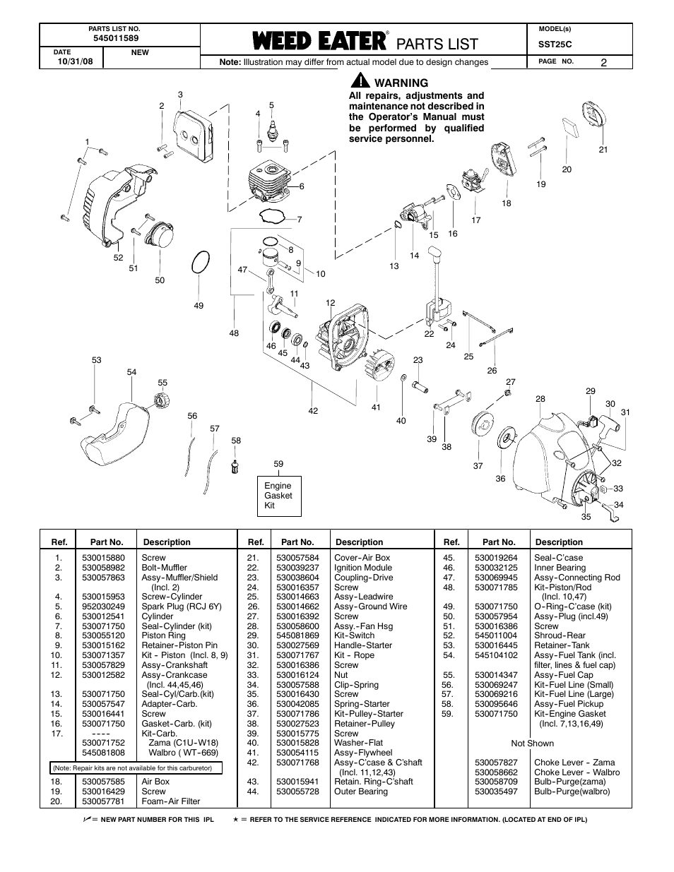 Poulan parts list, Poulan pro parts list paramount parts list, Parts list | Poulan 545011589 User Manual | Page 2 / 2