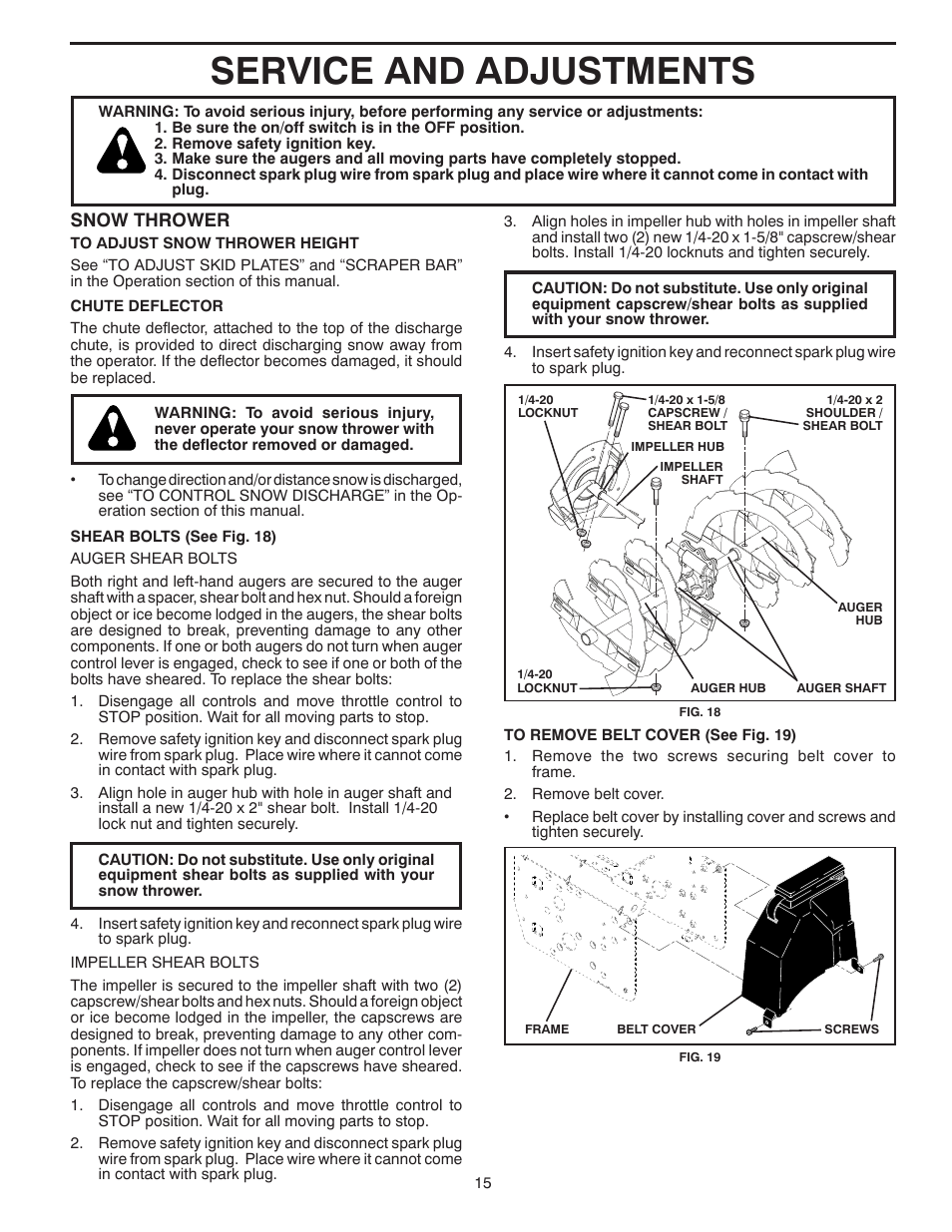 Service and adjustments, Snow thrower | Poulan 96194000801 User Manual | Page 15 / 38