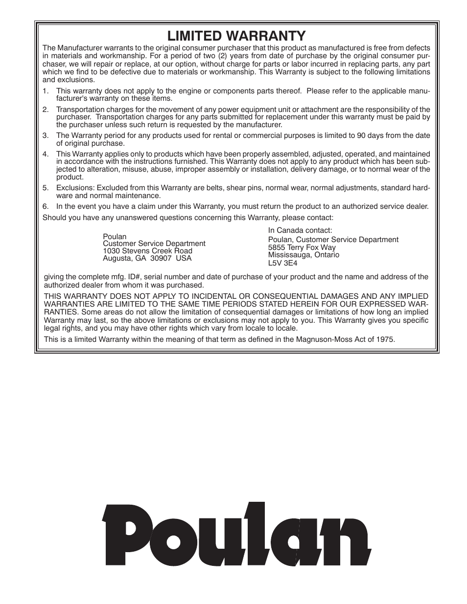 Warranty, Limited warranty | Poulan 96194000801 User Manual | Page 38 / 38