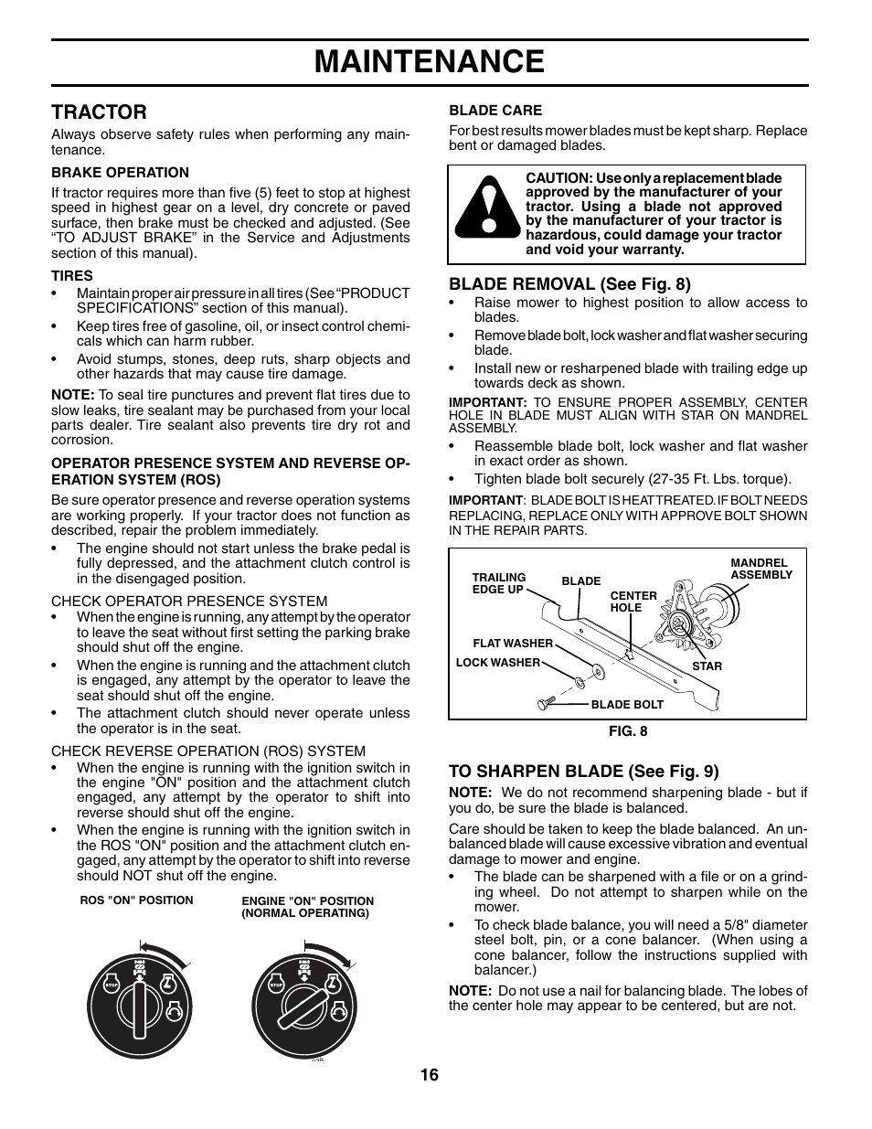 Maintenance, Tractor | Poulan WE13538LT User Manual | Page 16 / 30