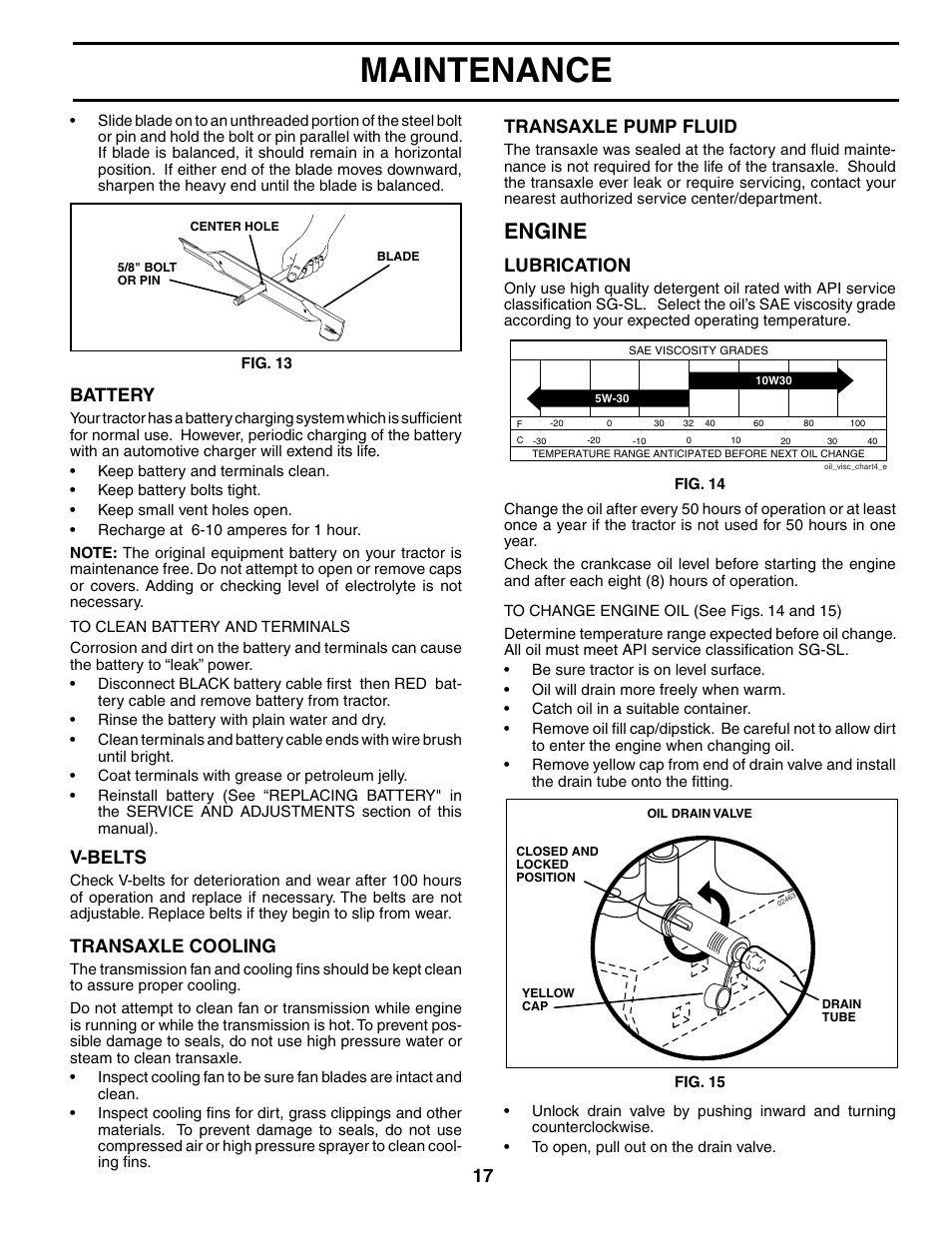 Maintenance, Engine, V-belts | Transaxle cooling, Battery, Transaxle pump fluid, Lubrication | Poulan 194831 User Manual | Page 17 / 30