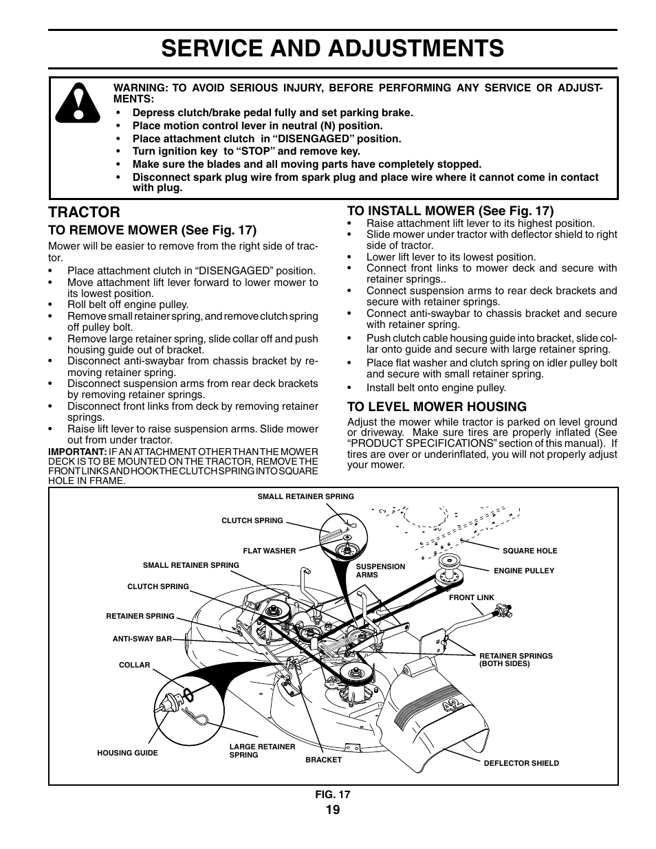 Service and adjustments, Tractor | Poulan 194831 User Manual | Page 19 / 30