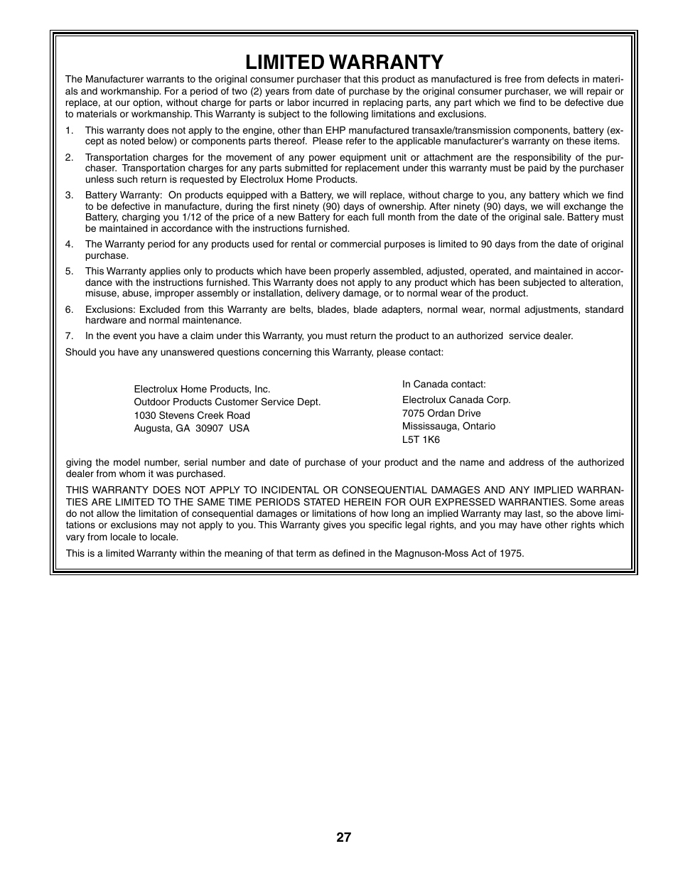 Limited warranty | Poulan 194831 User Manual | Page 27 / 30