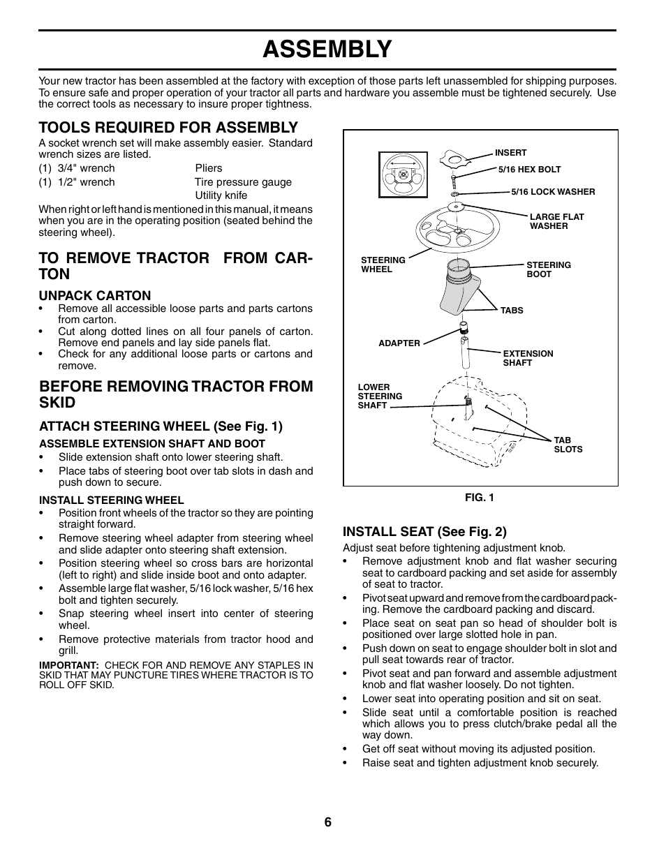 Assembly, Tools required for assembly, Before removing tractor from skid | Poulan 194831 User Manual | Page 6 / 30