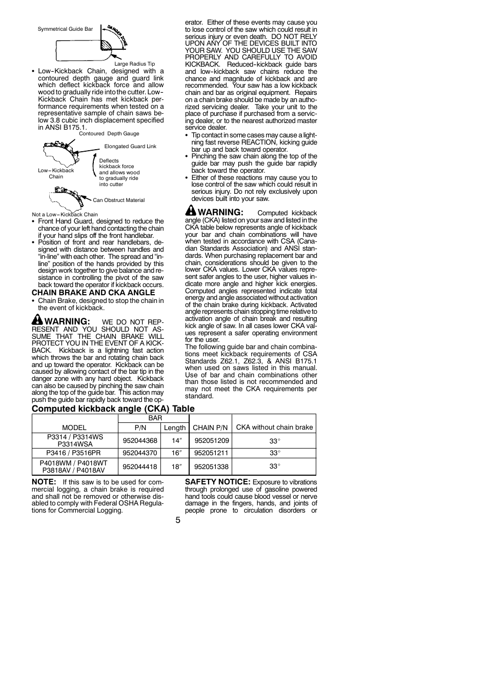 Warning, Computed kickback angle (cka) table | Poulan P3516PR User Manual | Page 5 / 19