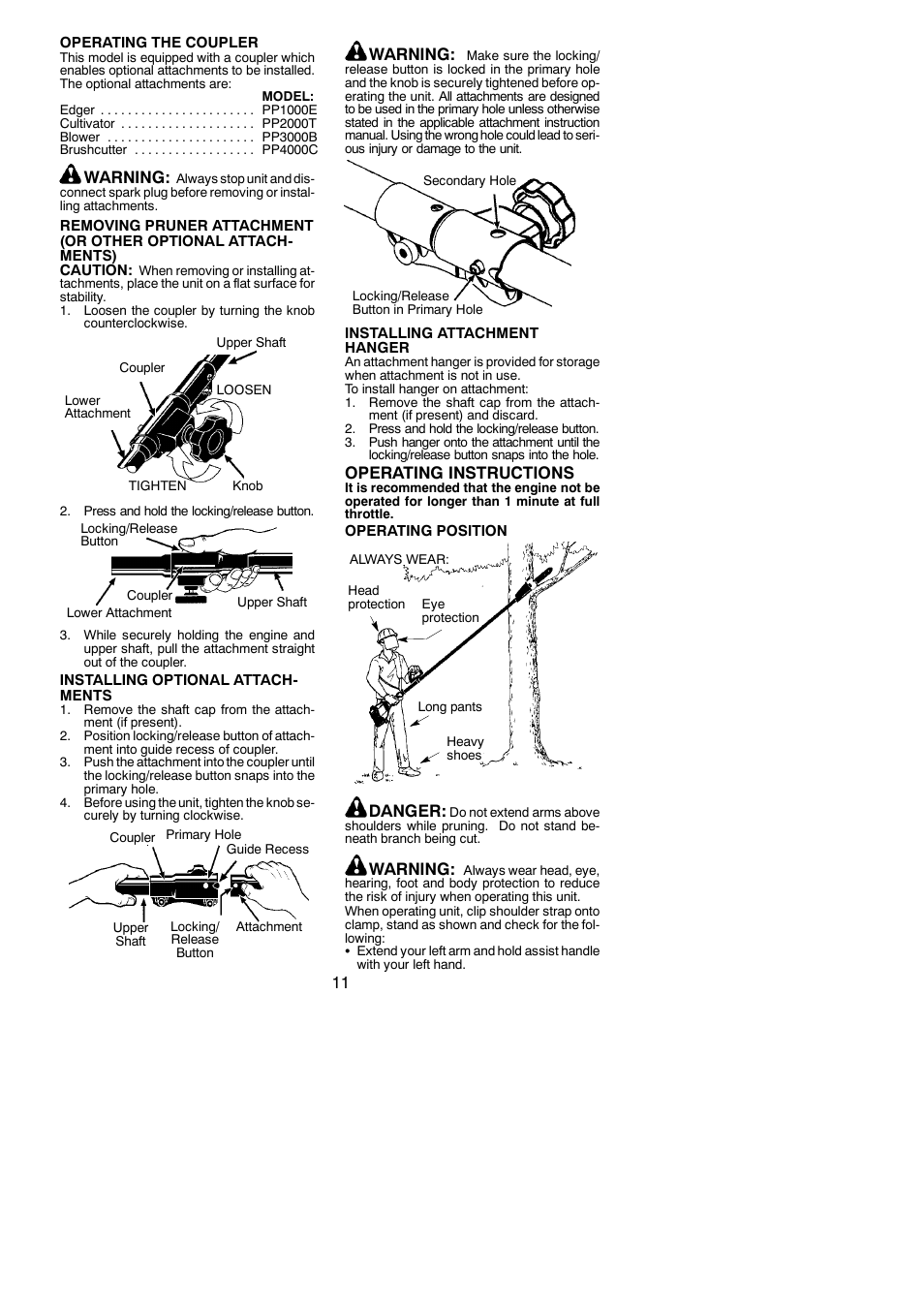Warning, Operating instructions, Danger | Poulan PP446E User Manual | Page 11 / 19