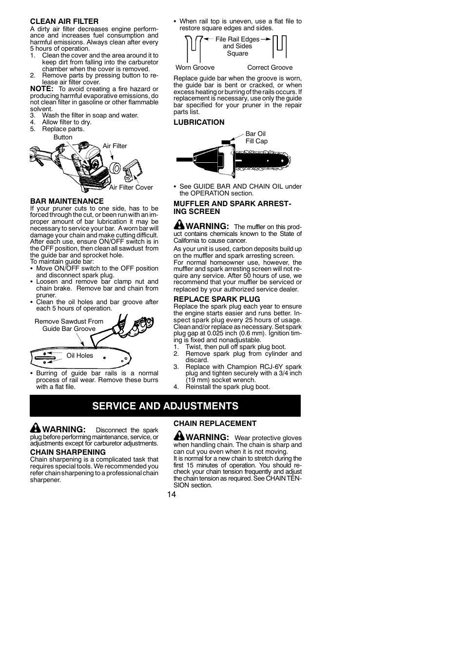 Service and adjustments, Warning | Poulan PP446E User Manual | Page 14 / 19