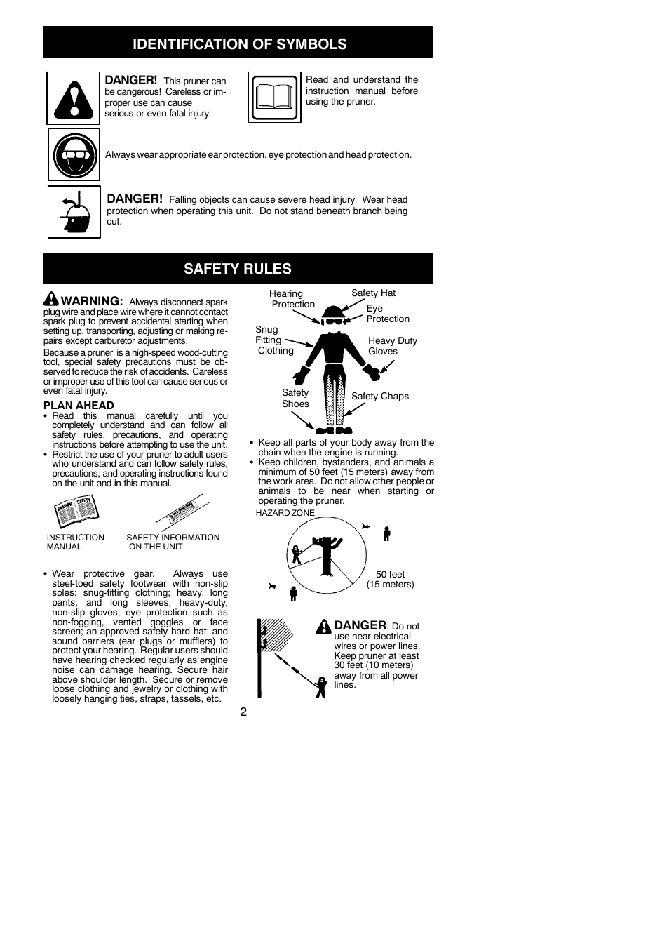 Identification of symbols, Safety rules, Danger | Warning | Poulan PP446E User Manual | Page 2 / 19