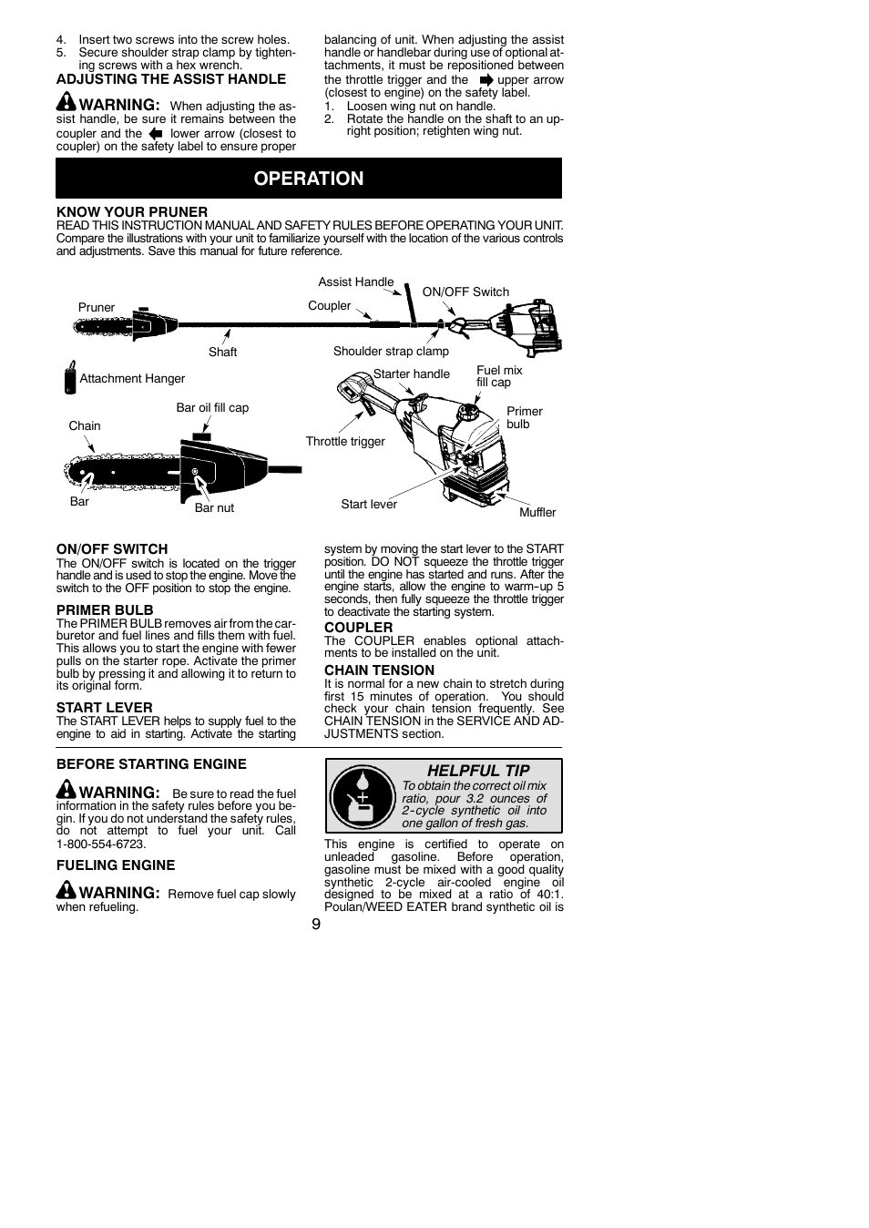 Operation, Warning, Helpful tip | Poulan PP446E User Manual | Page 9 / 19