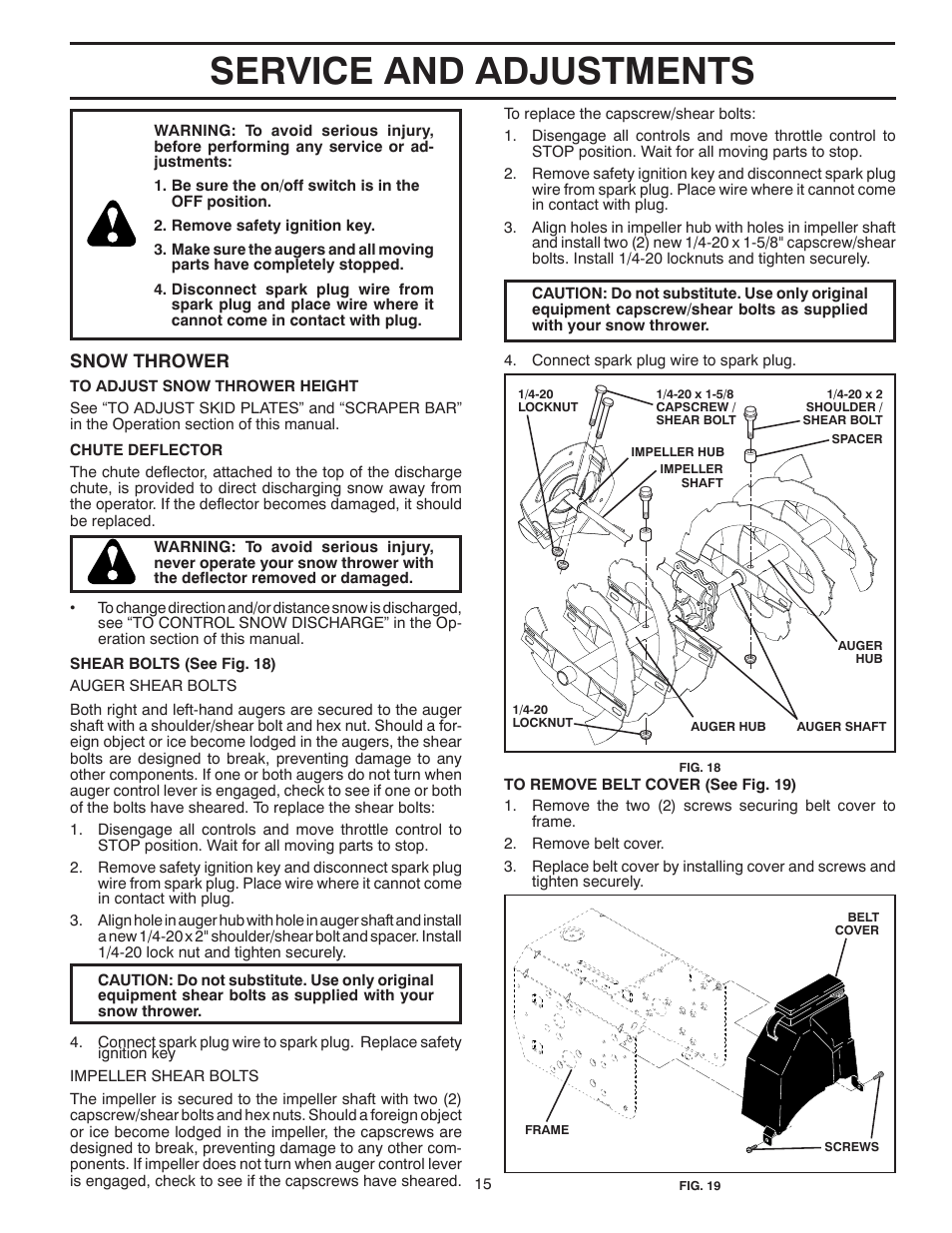 Service and adjustments, Snow thrower | Poulan 424003 User Manual | Page 15 / 40