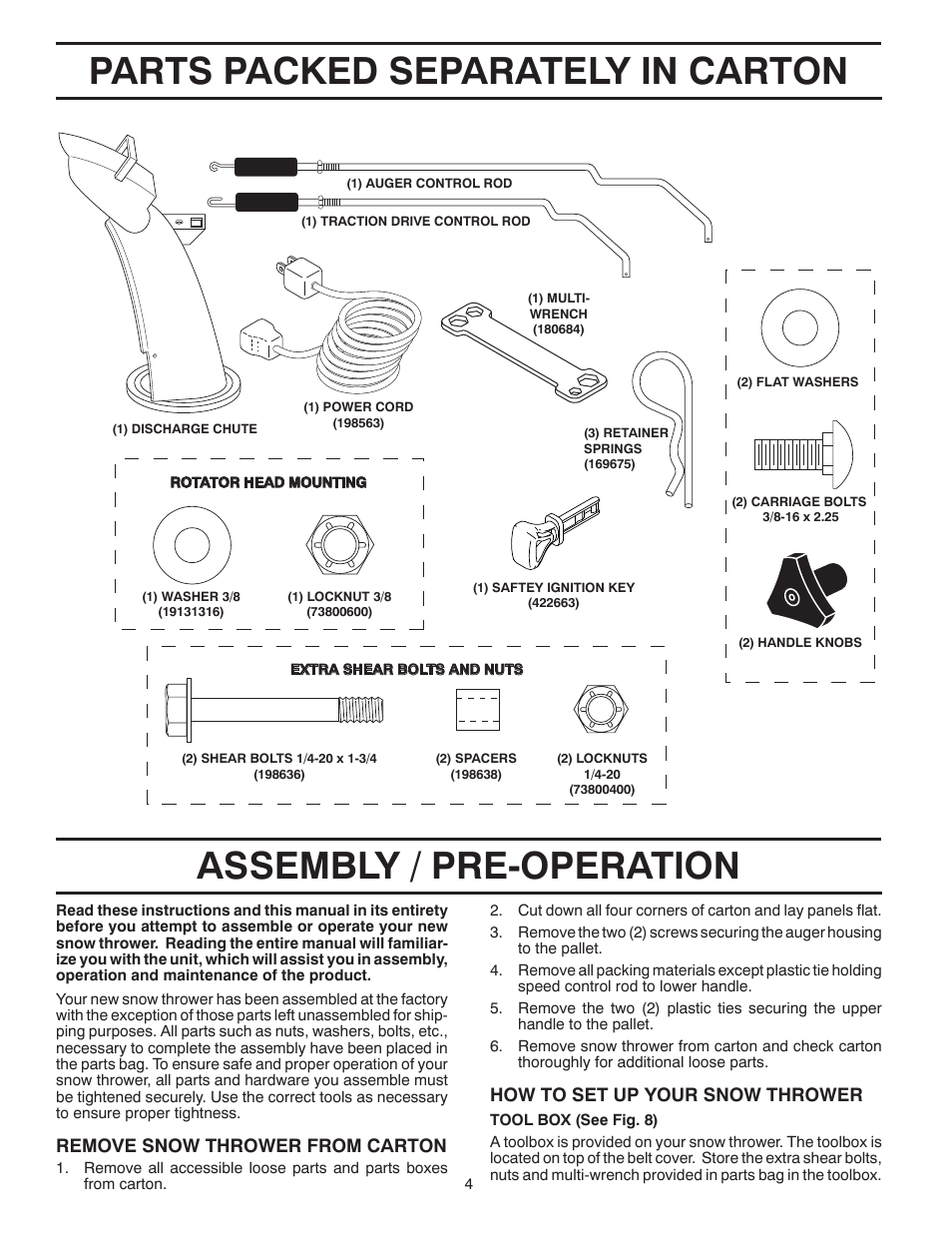 Parts packed separately in carton, Assembly / pre-operation, Remove snow thrower from car ton | How to set up your snow thrower | Poulan 424003 User Manual | Page 4 / 40