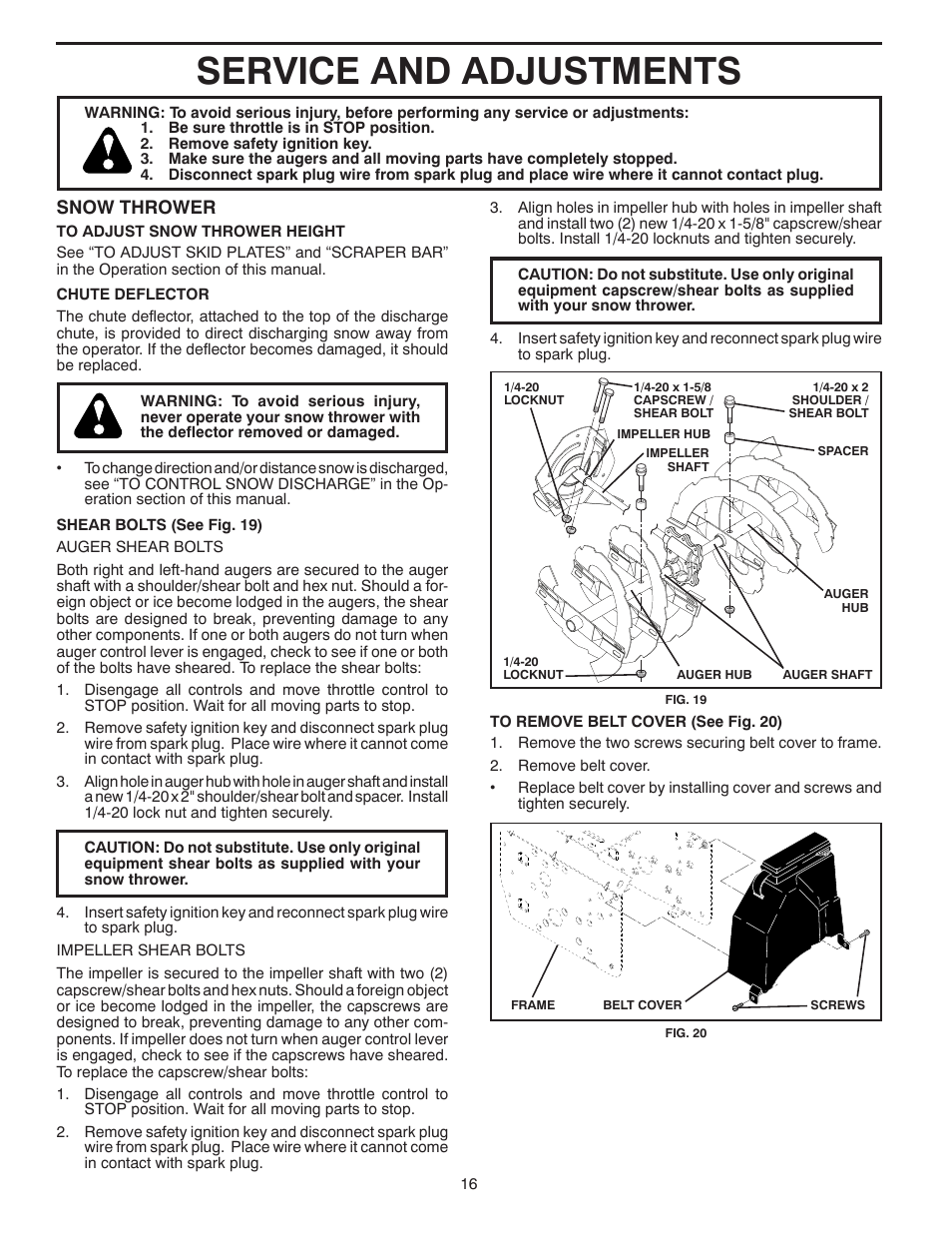 Service and adjustments, Snow thrower | Poulan 421104 User Manual | Page 16 / 36