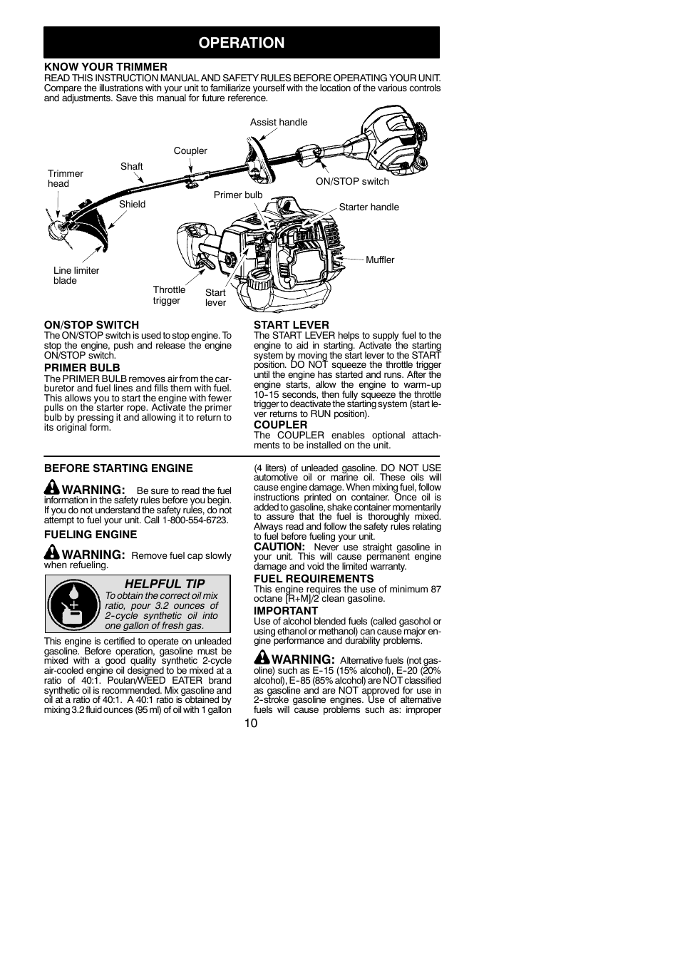 Operation, Warning, Helpful tip | Poulan Pro PP033 User Manual | Page 10 / 19