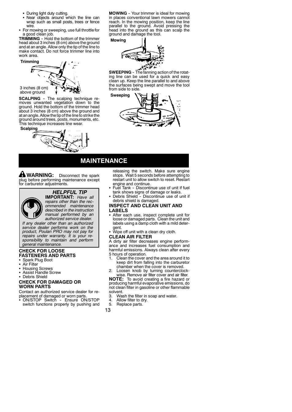 Maintenance, Warning, Helpful tip | Poulan Pro PP033 User Manual | Page 13 / 19