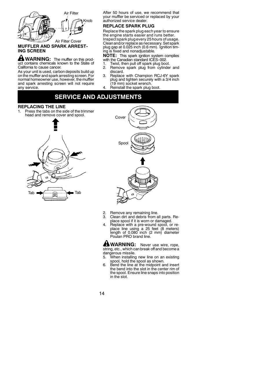 Service and adjustments, Warning | Poulan Pro PP033 User Manual | Page 14 / 19