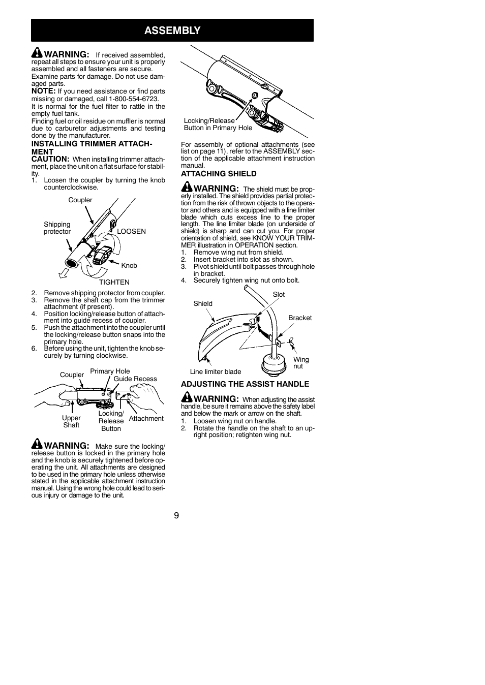 Assembly, Warning | Poulan Pro PP033 User Manual | Page 9 / 19