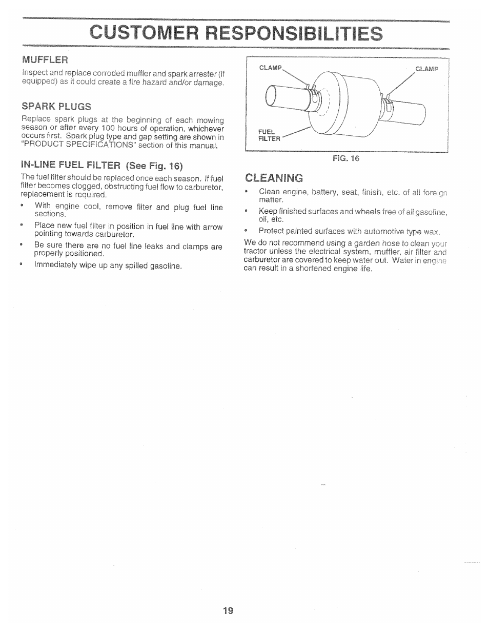 Customer responsibames, In-line fuel filter (see fig. 16), Cleaning | Poulan 168737 User Manual | Page 19 / 48