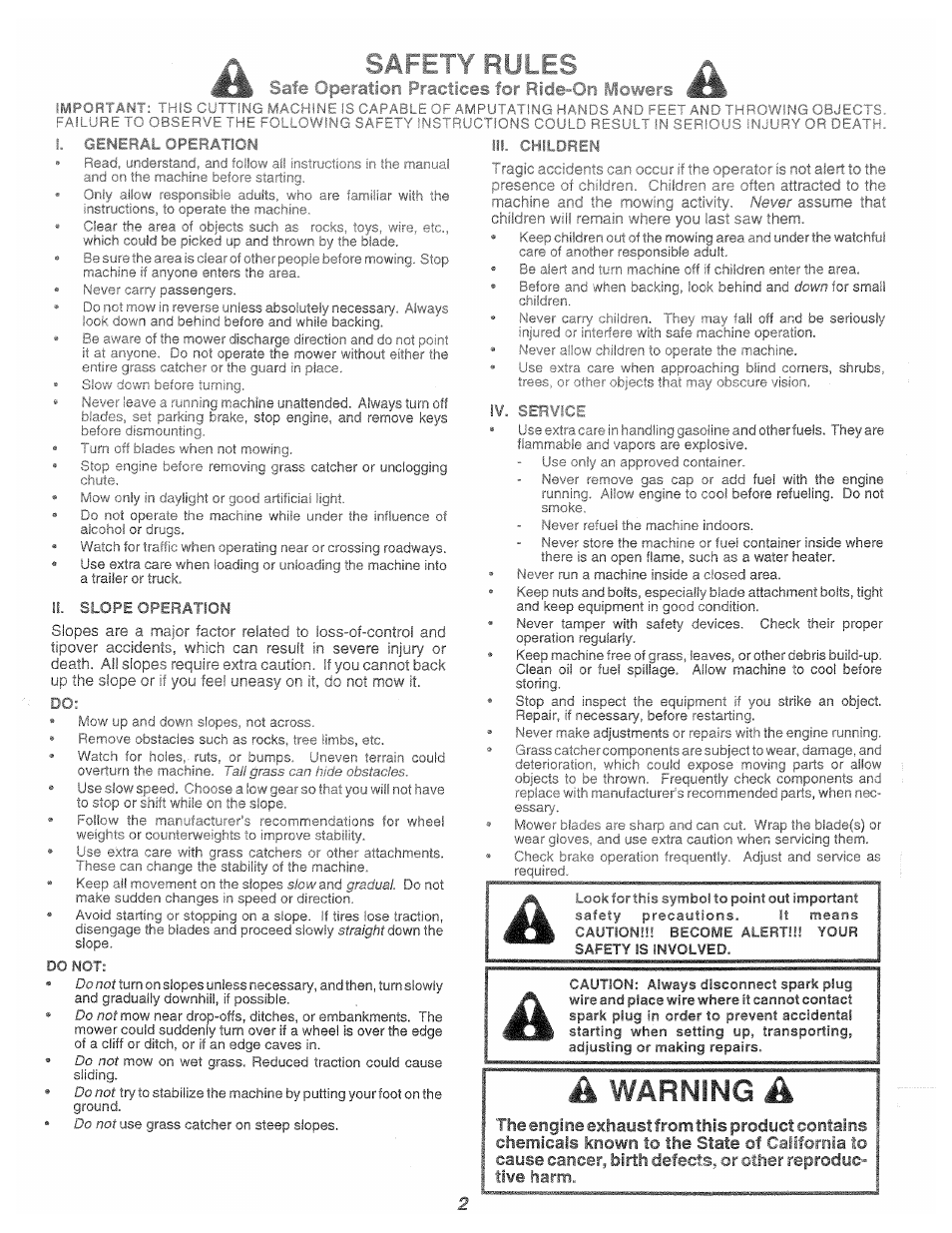 Warning, Exhaust from, Contains | California to, Or other reproduc­ tive harm | Poulan 168737 User Manual | Page 2 / 48