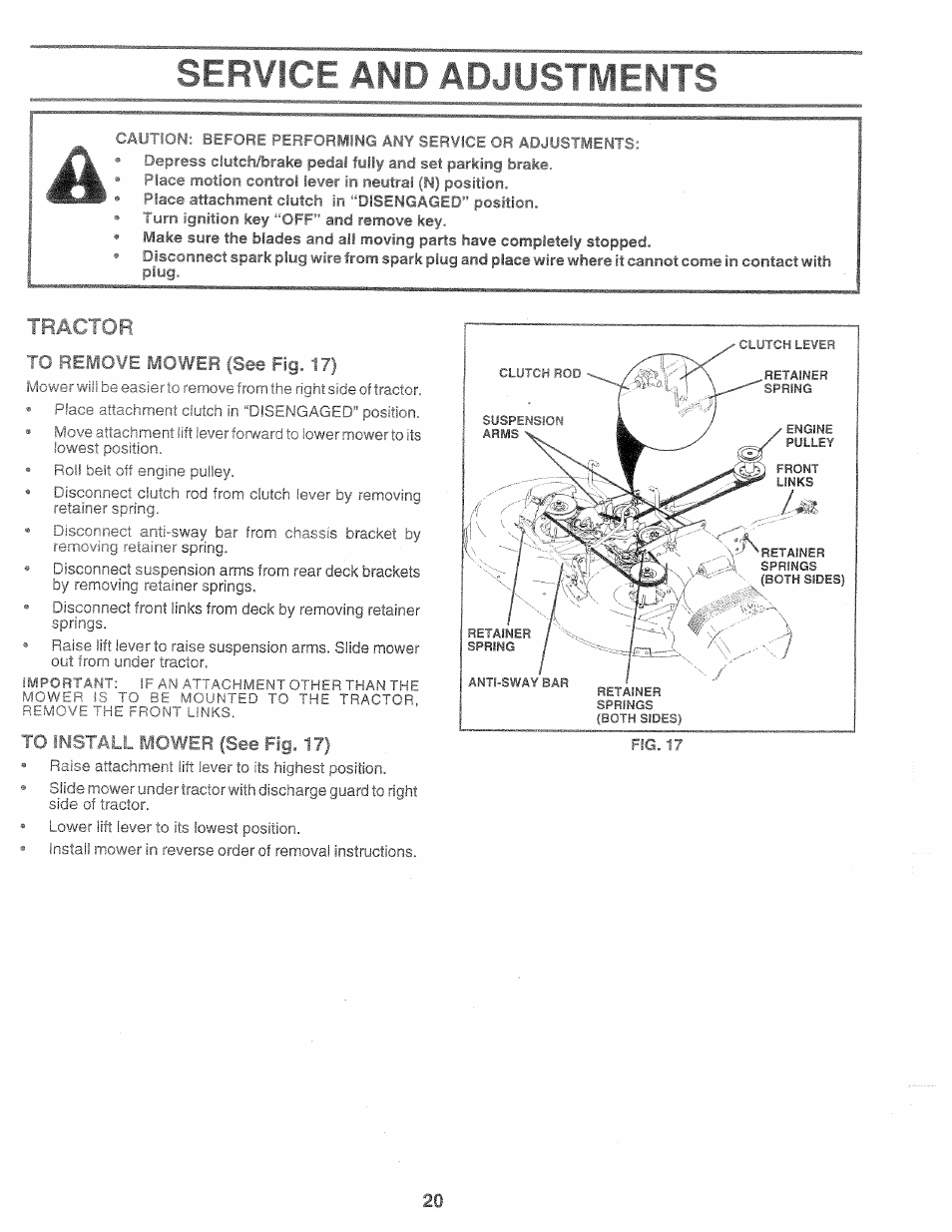 Service amo adjustments, To pstall mower (see fig. 17) | Poulan 168737 User Manual | Page 20 / 48