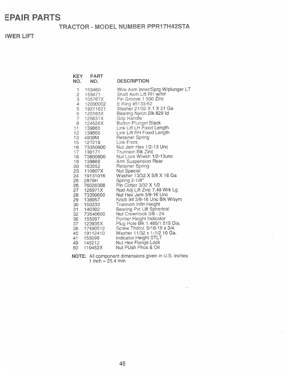 Iwer lift, Epafr parts, Tractor - model number ppr17h42sta iwer lift | Poulan 168737 User Manual | Page 45 / 48