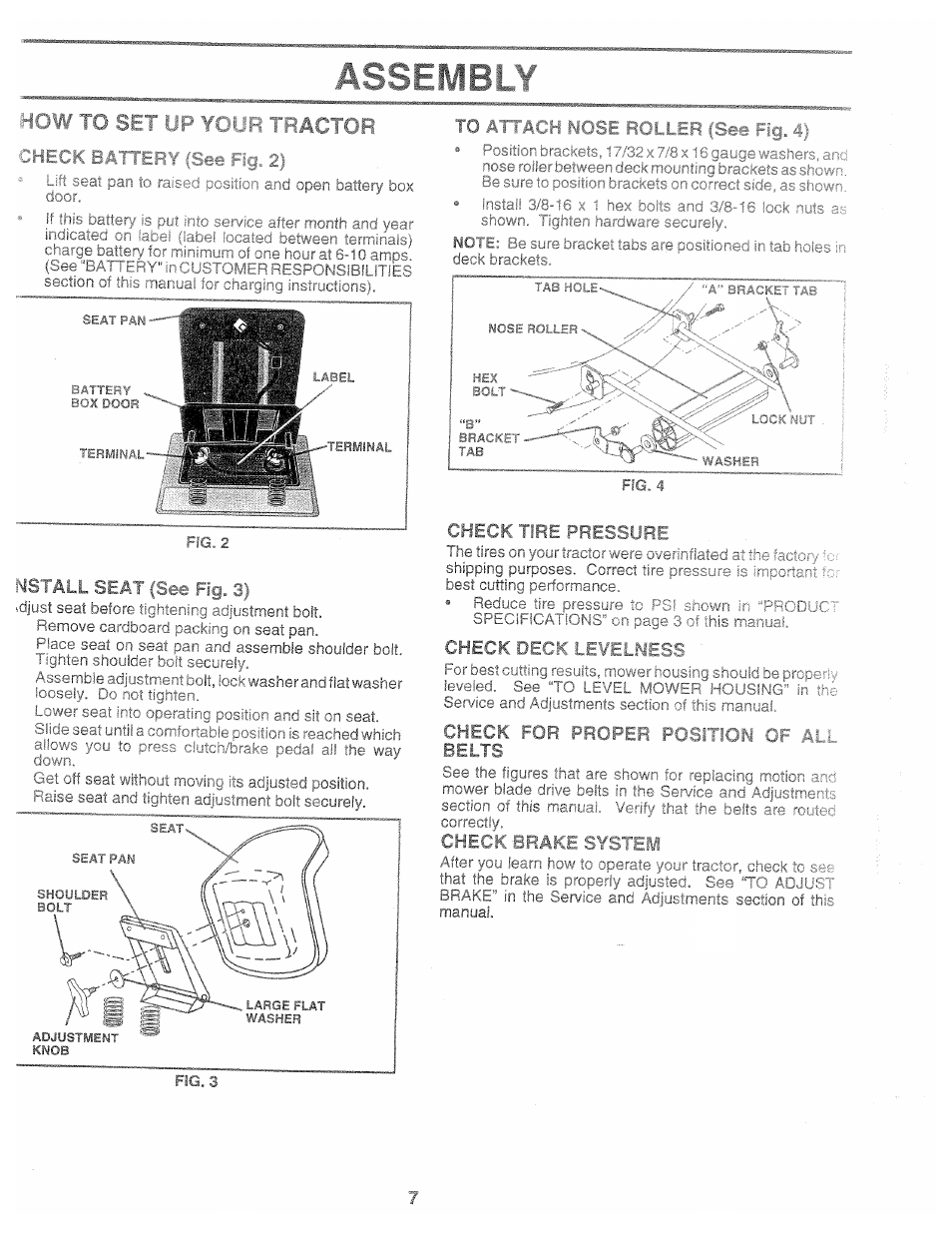 How to si ¥ol, Tractor, Mstall seat | Fig. 3), Check tift pressure, Check dw | Poulan 168737 User Manual | Page 7 / 48
