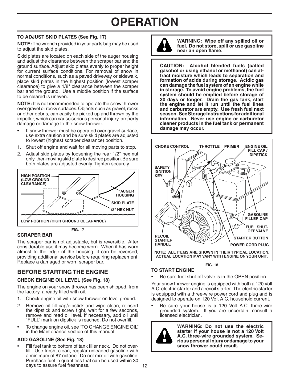 Operation, Before starting the engine | Poulan Pro PP5524ESA SNOW THROWER User Manual | Page 12 / 32